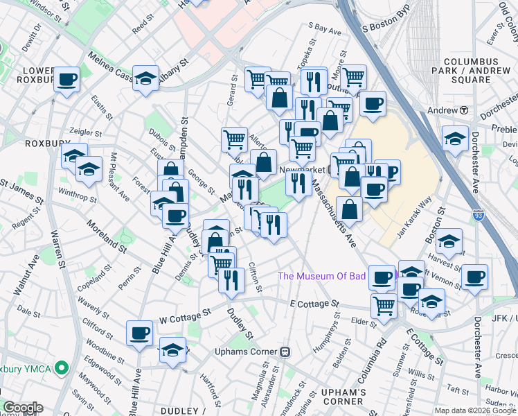 map of restaurants, bars, coffee shops, grocery stores, and more near 169 Norfolk Avenue in Boston