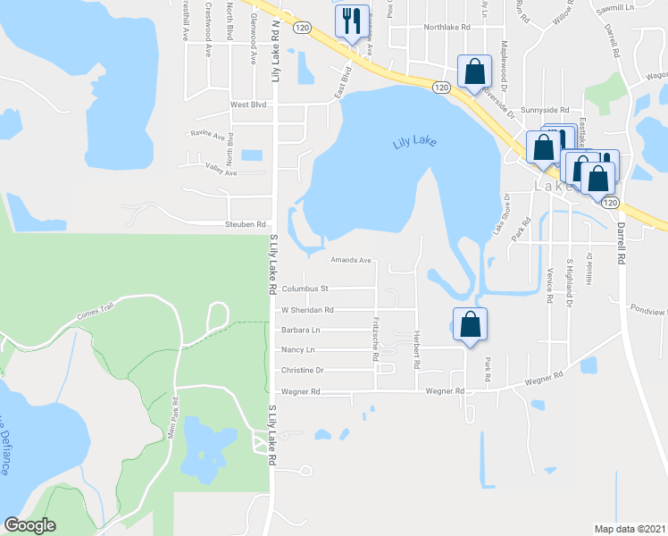 map of restaurants, bars, coffee shops, grocery stores, and more near 703 Amanda Ave in Lakemoor