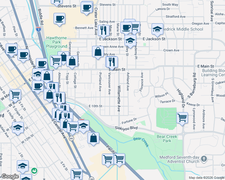map of restaurants, bars, coffee shops, grocery stores, and more near 124 Vancouver Avenue in Medford