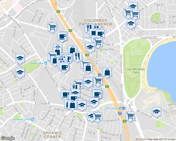 map of restaurants, bars, coffee shops, grocery stores, and more near 26 Washburn Street in Boston