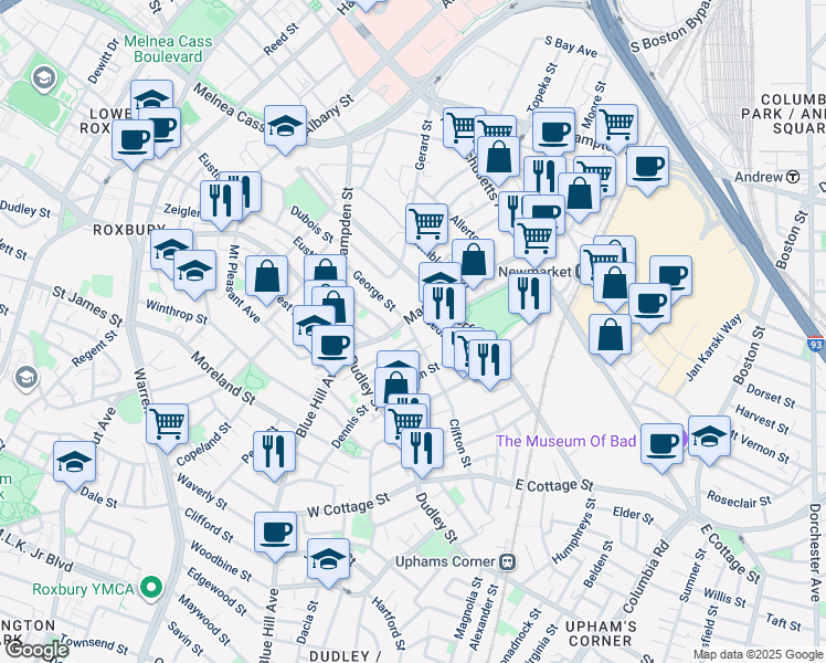 map of restaurants, bars, coffee shops, grocery stores, and more near 44 Woodward Avenue in Boston