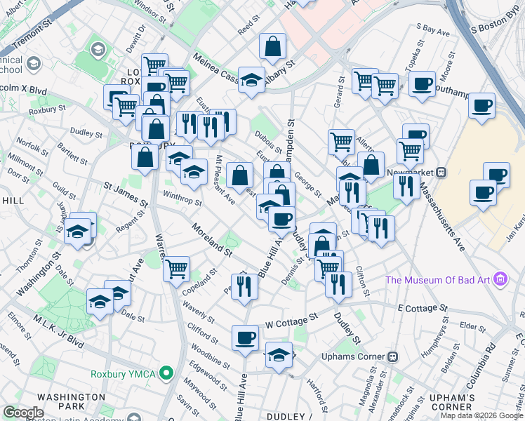 map of restaurants, bars, coffee shops, grocery stores, and more near 140 Mount Pleasant Avenue in Boston