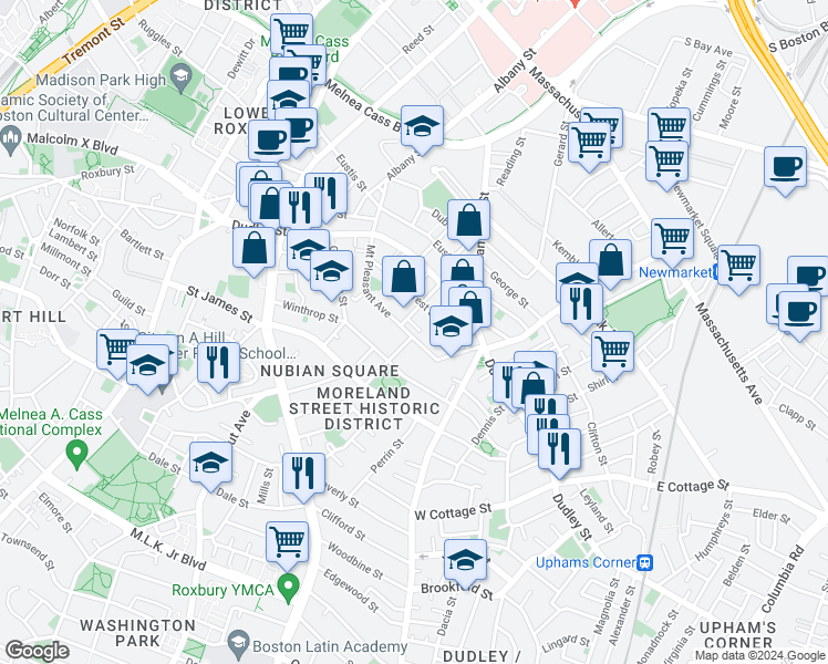 map of restaurants, bars, coffee shops, grocery stores, and more near 98 Mount Pleasant Avenue in Boston