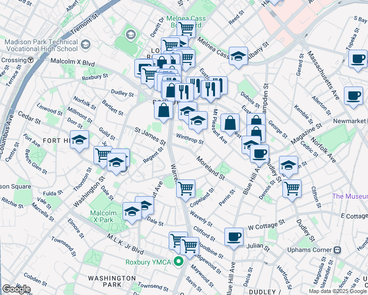 map of restaurants, bars, coffee shops, grocery stores, and more near 23 Moreland Street in Boston