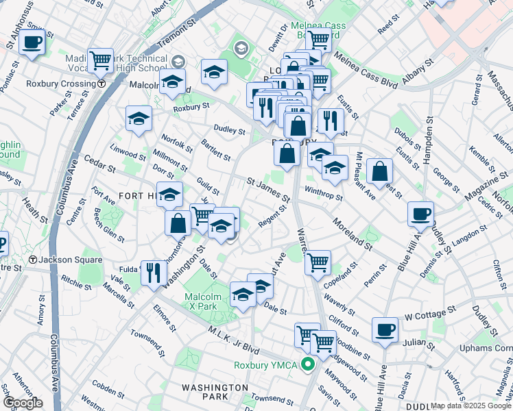map of restaurants, bars, coffee shops, grocery stores, and more near 46 Alpine Street in Boston