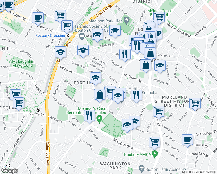 map of restaurants, bars, coffee shops, grocery stores, and more near 38 Thornton Street in Boston