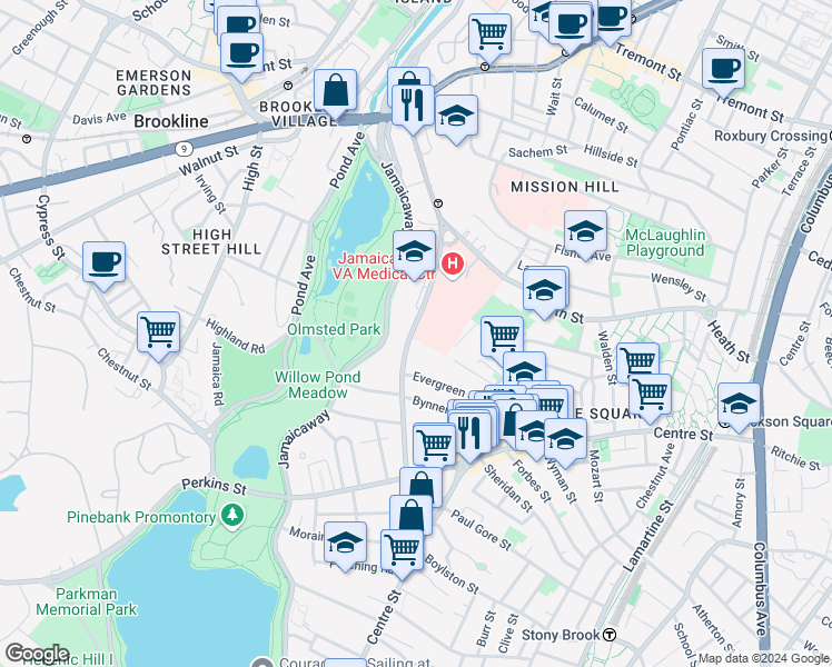 map of restaurants, bars, coffee shops, grocery stores, and more near 226 South Huntington Avenue in Boston