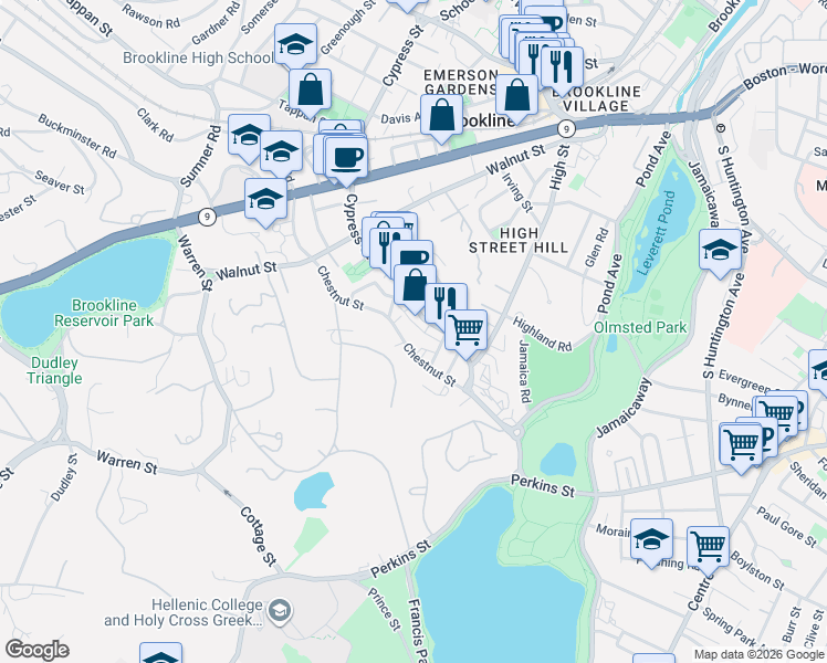 map of restaurants, bars, coffee shops, grocery stores, and more near 110 Chestnut Street in Brookline