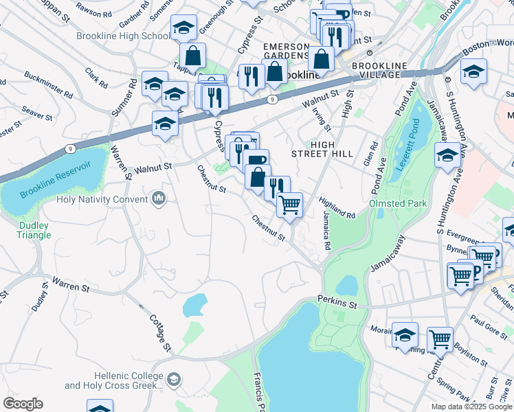 map of restaurants, bars, coffee shops, grocery stores, and more near 110 Chestnut Street in Brookline