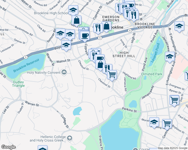 map of restaurants, bars, coffee shops, grocery stores, and more near 110 Chestnut Street in Brookline