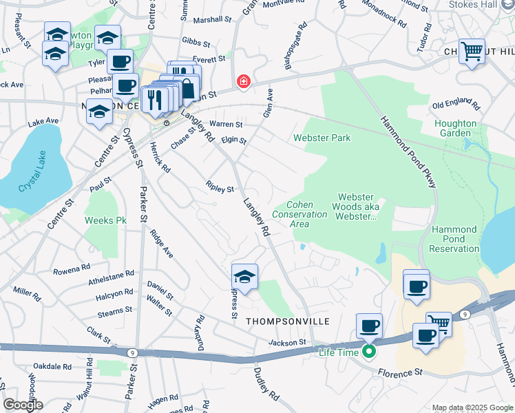 map of restaurants, bars, coffee shops, grocery stores, and more near 235 Langley Road in Newton