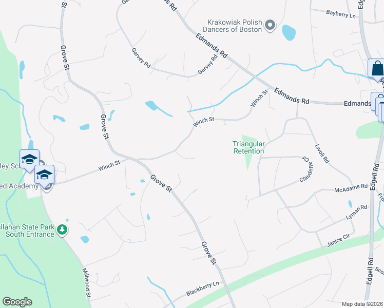 map of restaurants, bars, coffee shops, grocery stores, and more near 4 Sage Lane in Framingham