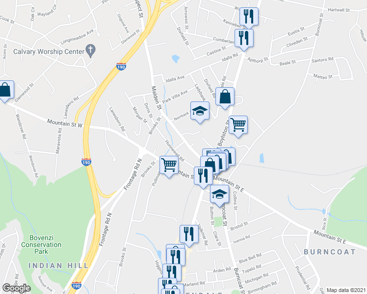 map of restaurants, bars, coffee shops, grocery stores, and more near 7 Chambers Street in Worcester