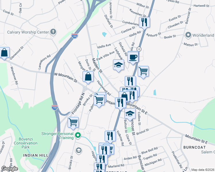 map of restaurants, bars, coffee shops, grocery stores, and more near 7 Chambers Street in Worcester