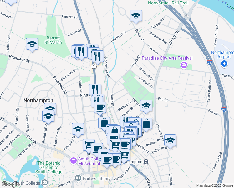 map of restaurants, bars, coffee shops, grocery stores, and more near 10 Linden Street in Northampton