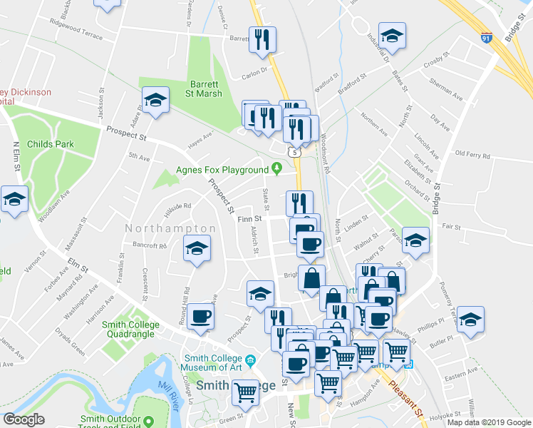 map of restaurants, bars, coffee shops, grocery stores, and more near 46 Finn Street in Northampton