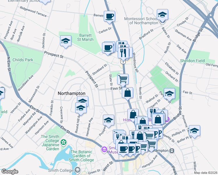 map of restaurants, bars, coffee shops, grocery stores, and more near 46 Finn Street in Northampton