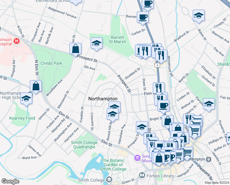 map of restaurants, bars, coffee shops, grocery stores, and more near 76 Crescent Street in Northampton