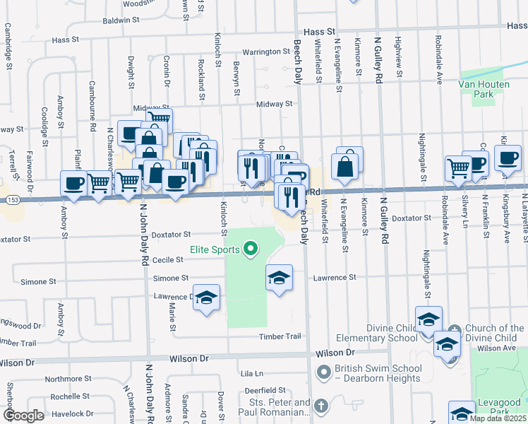 map of restaurants, bars, coffee shops, grocery stores, and more near 26001 Ford Road in Dearborn Heights
