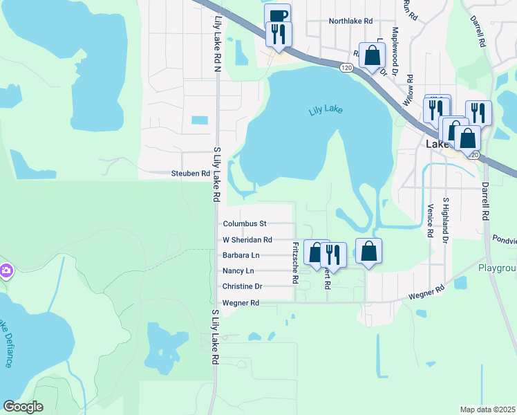 map of restaurants, bars, coffee shops, grocery stores, and more near 703 Amanda Avenue in Lakemoor