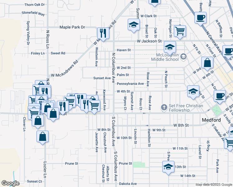 map of restaurants, bars, coffee shops, grocery stores, and more near 126 North Columbus Avenue in Medford