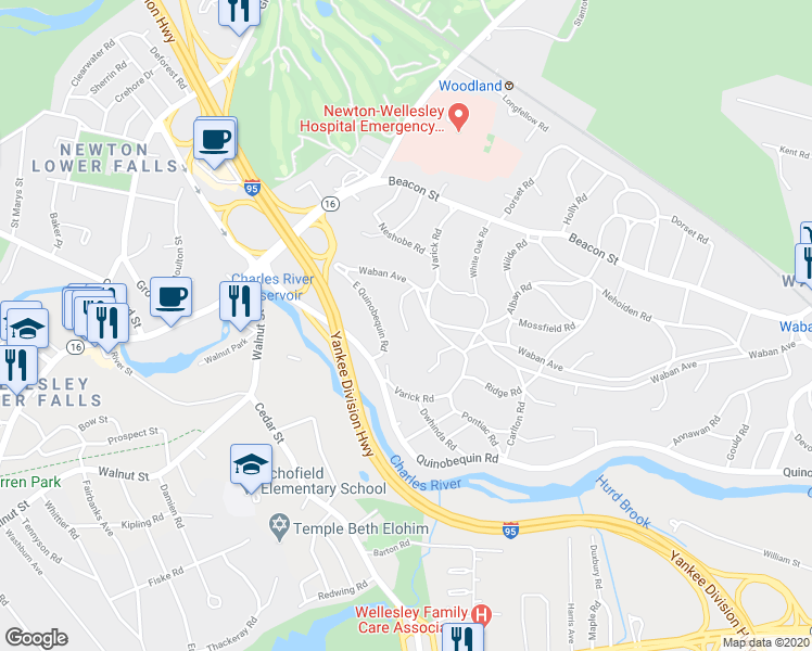 map of restaurants, bars, coffee shops, grocery stores, and more near 48 Palmer Road in Newton