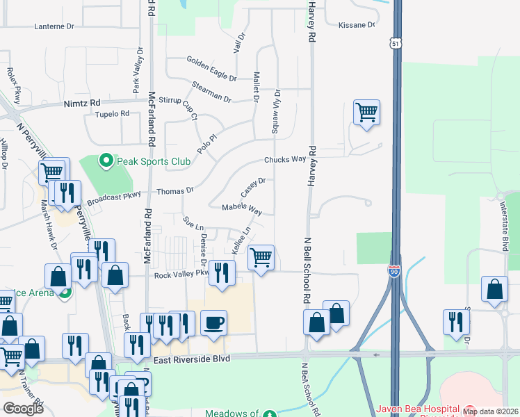 map of restaurants, bars, coffee shops, grocery stores, and more near 7340 Mabels Way in Loves Park