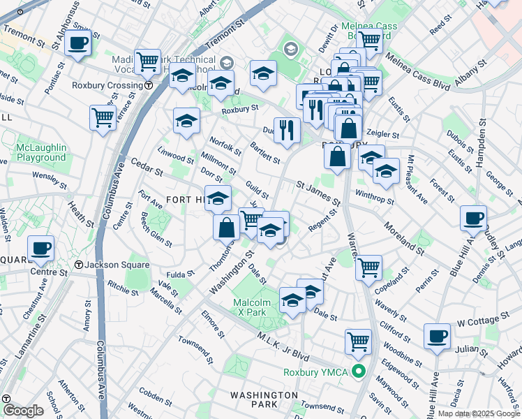 map of restaurants, bars, coffee shops, grocery stores, and more near 2599 Washington Street in Boston
