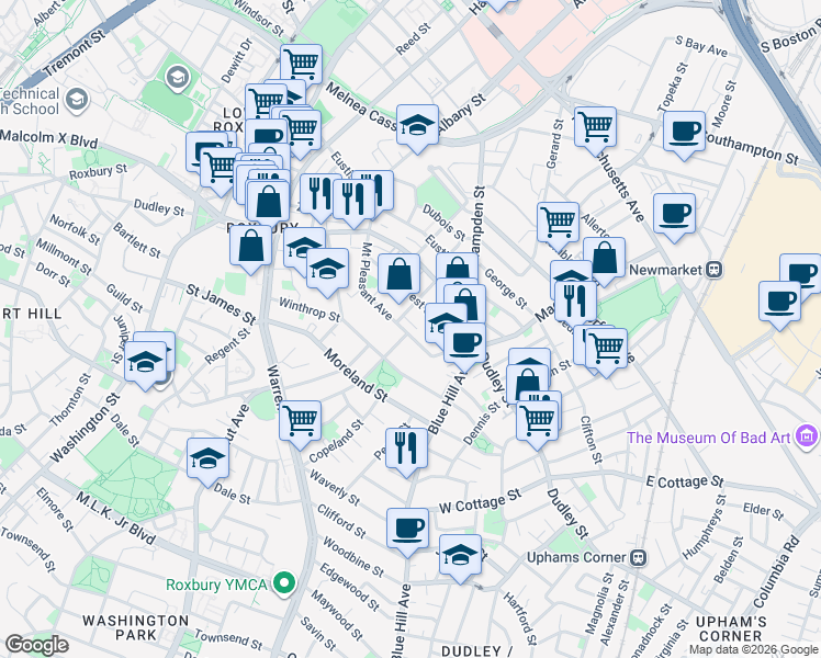 map of restaurants, bars, coffee shops, grocery stores, and more near 98 Mount Pleasant Avenue in Boston