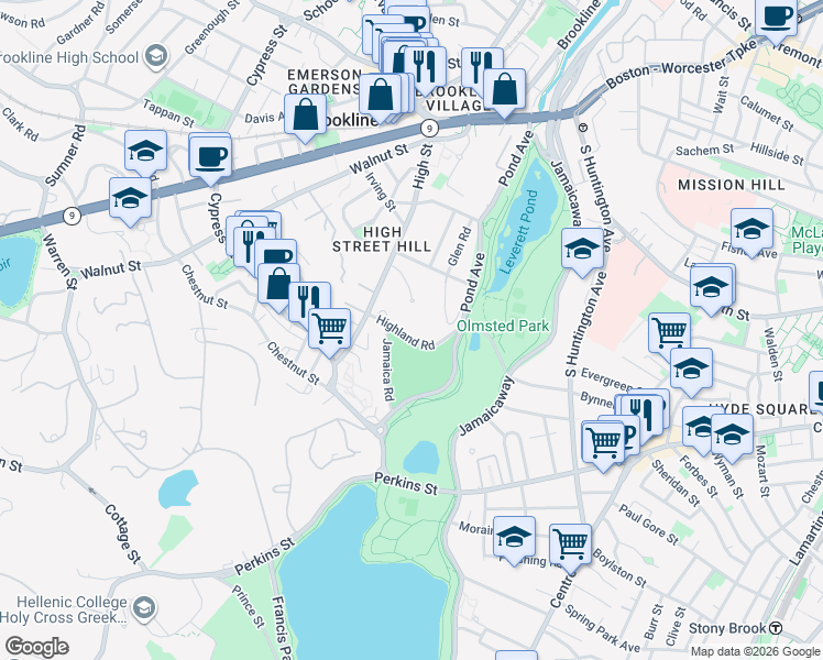 map of restaurants, bars, coffee shops, grocery stores, and more near 47 Highland Road in Brookline