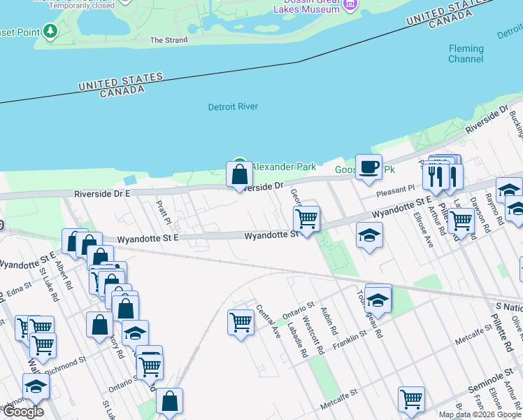 map of restaurants, bars, coffee shops, grocery stores, and more near 3801 Riverside Drive East in Windsor