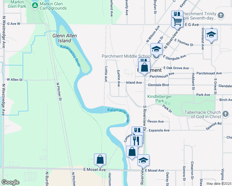 map of restaurants, bars, coffee shops, grocery stores, and more near 224 Lottie Avenue in Parchment