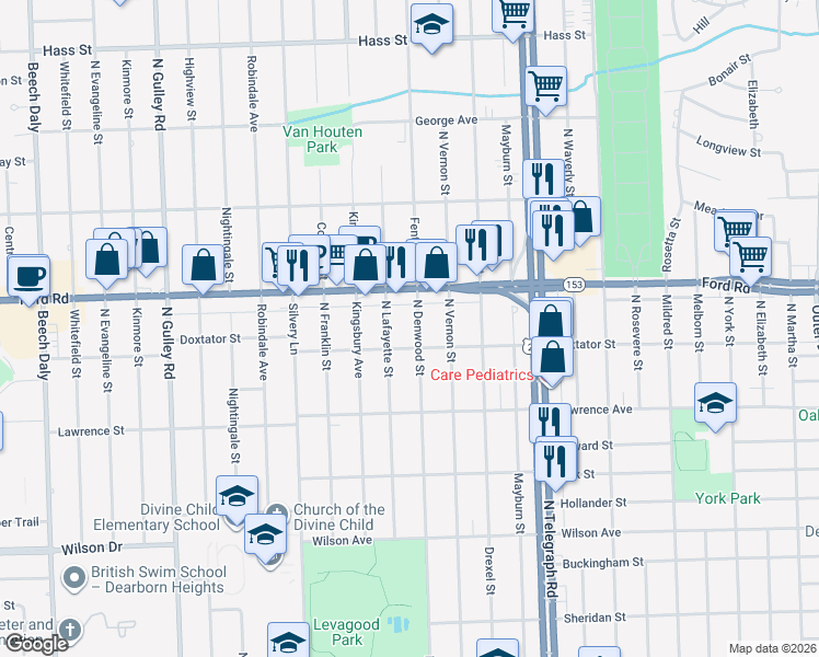 map of restaurants, bars, coffee shops, grocery stores, and more near 2012 North Denwood Street in Dearborn