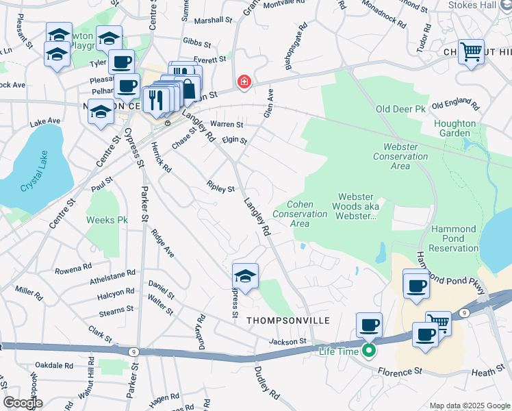 map of restaurants, bars, coffee shops, grocery stores, and more near 235 Langley Road in Newton
