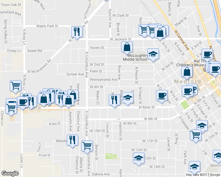 map of restaurants, bars, coffee shops, grocery stores, and more near 55 Ross Court in Medford