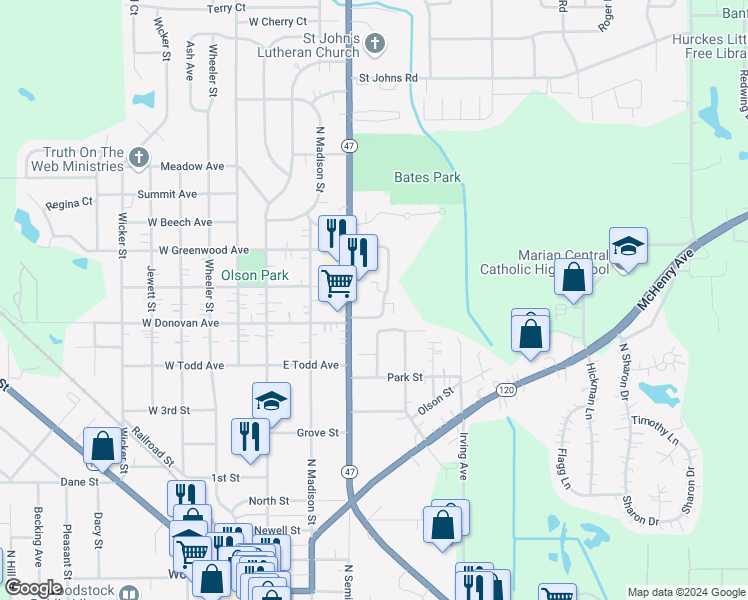 map of restaurants, bars, coffee shops, grocery stores, and more near 1023 Greenwood Circle in Woodstock