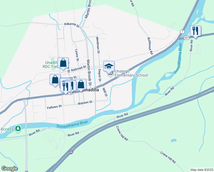map of restaurants, bars, coffee shops, grocery stores, and more near 25 Main Street in Unadilla