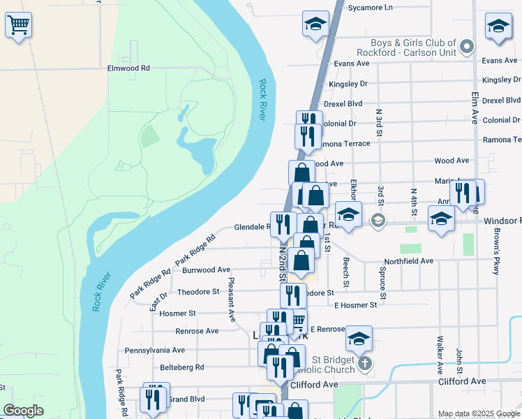 map of restaurants, bars, coffee shops, grocery stores, and more near 417 Peachtree Circle in Loves Park