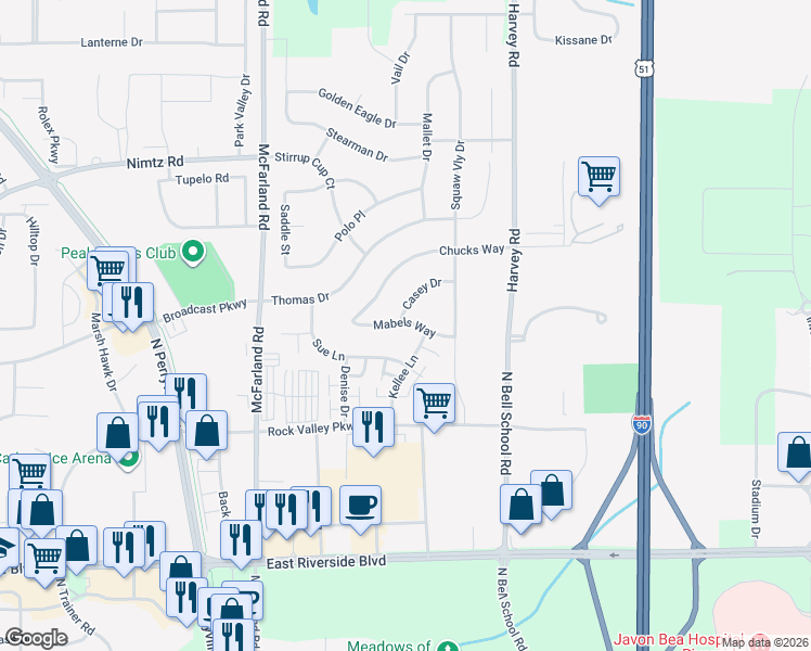 map of restaurants, bars, coffee shops, grocery stores, and more near 7247 Mabels Way in Loves Park