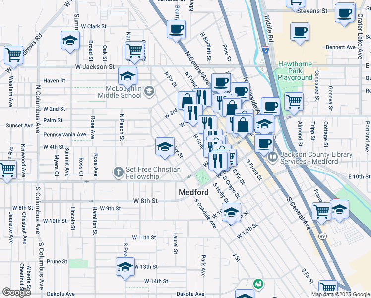 map of restaurants, bars, coffee shops, grocery stores, and more near 125 N Holly St in Medford