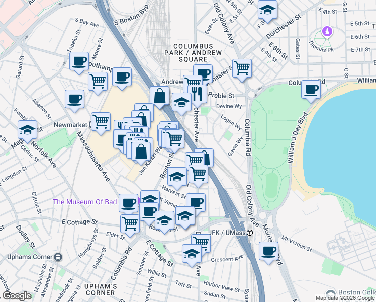 map of restaurants, bars, coffee shops, grocery stores, and more near 26 Washburn Street in Boston