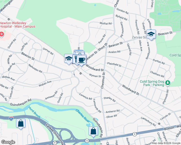 map of restaurants, bars, coffee shops, grocery stores, and more near 51 Wyman Street in Newton