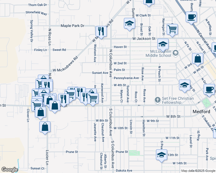 map of restaurants, bars, coffee shops, grocery stores, and more near 1210 Locust Street in Medford