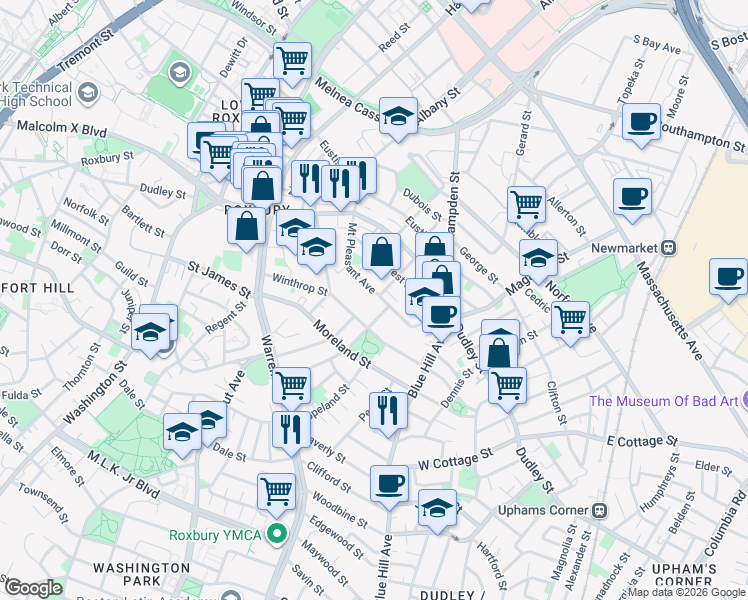 map of restaurants, bars, coffee shops, grocery stores, and more near 60 Winthrop Street in Boston