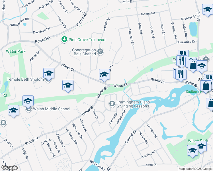 map of restaurants, bars, coffee shops, grocery stores, and more near 374R Water Street in Framingham