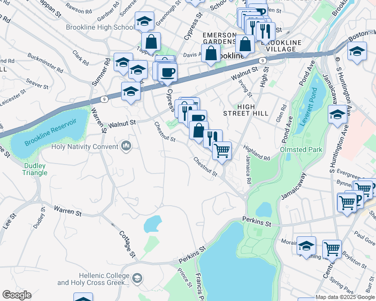 map of restaurants, bars, coffee shops, grocery stores, and more near 110 Chestnut Street in Brookline