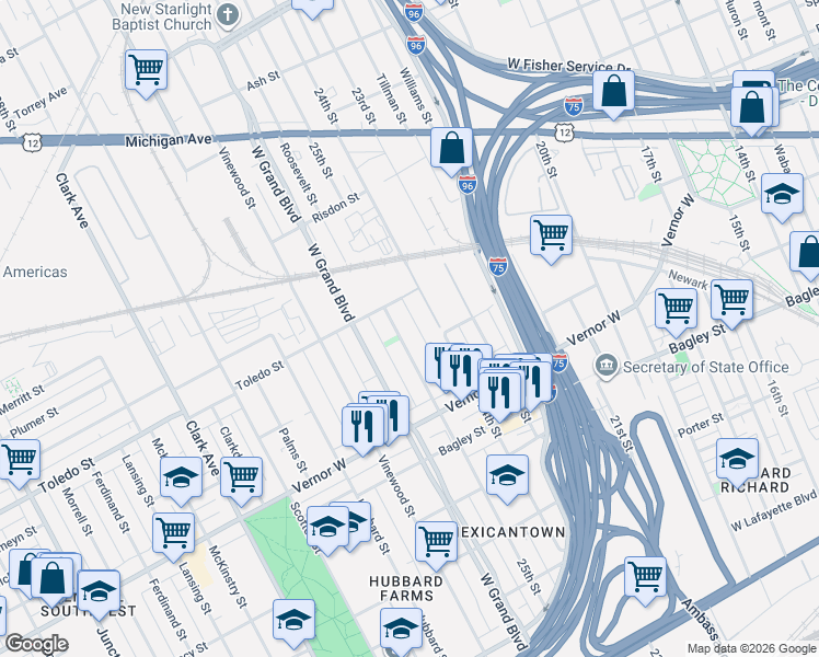 map of restaurants, bars, coffee shops, grocery stores, and more near 2076 25th Street in Detroit