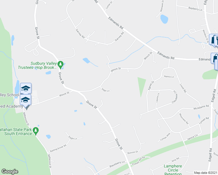 map of restaurants, bars, coffee shops, grocery stores, and more near 4 Sage Lane in Framingham