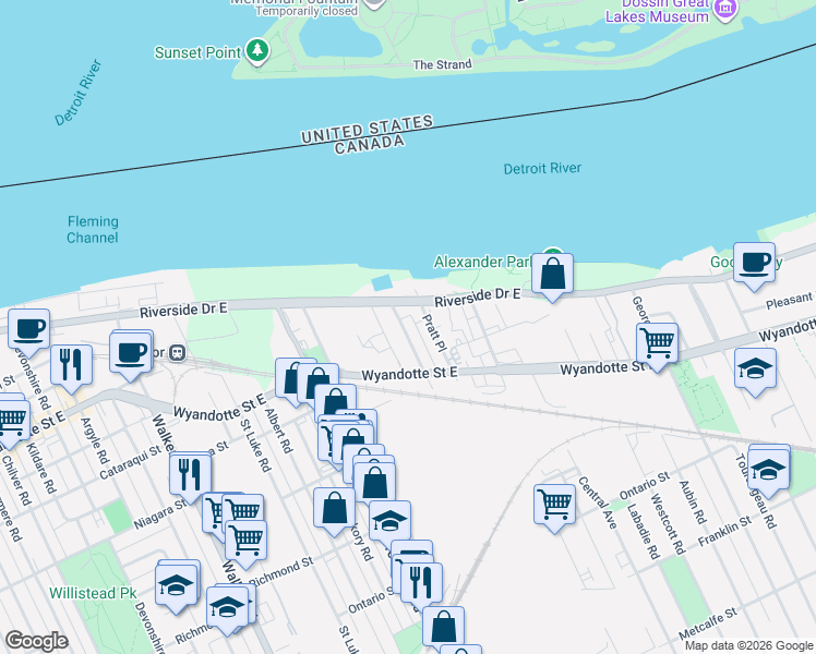 map of restaurants, bars, coffee shops, grocery stores, and more near in Windsor