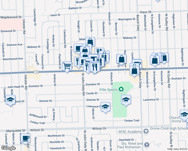 map of restaurants, bars, coffee shops, grocery stores, and more near 26429 Ford Road in Dearborn Heights